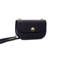 Black handbag with gold clasp on a white background