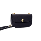Black handbag with gold clasp on a white background