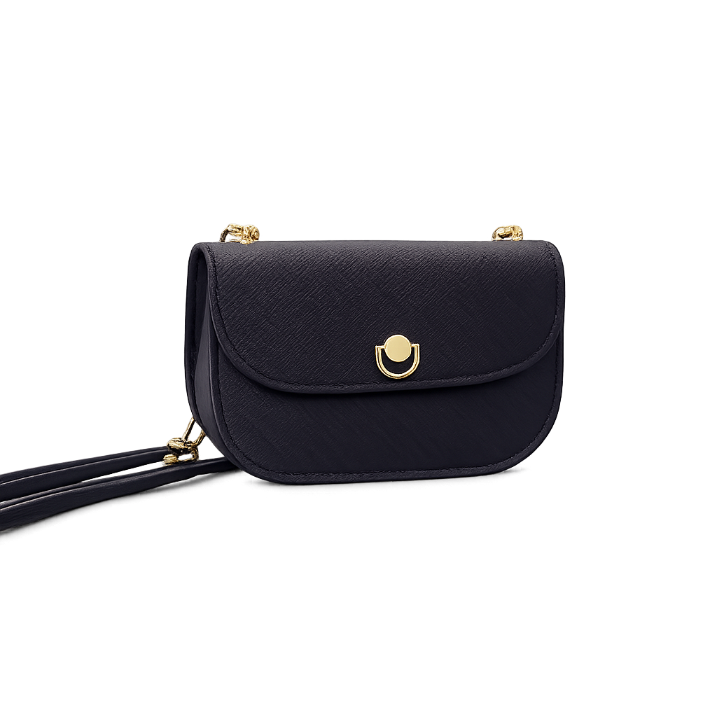 Black handbag with gold clasp on a white background