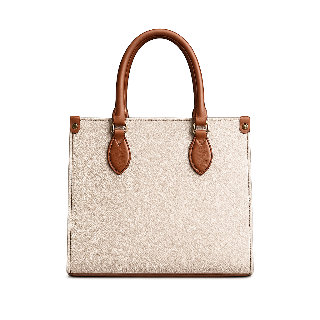 Beige handbag with brown handles and straps on a white background