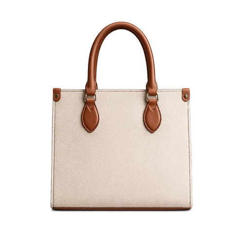 Beige handbag with brown handles and straps on a white background