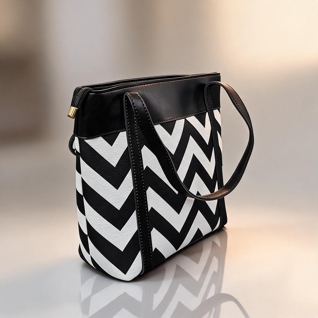 Black and white chevron patterned handbag on a reflective surface with a blurred background