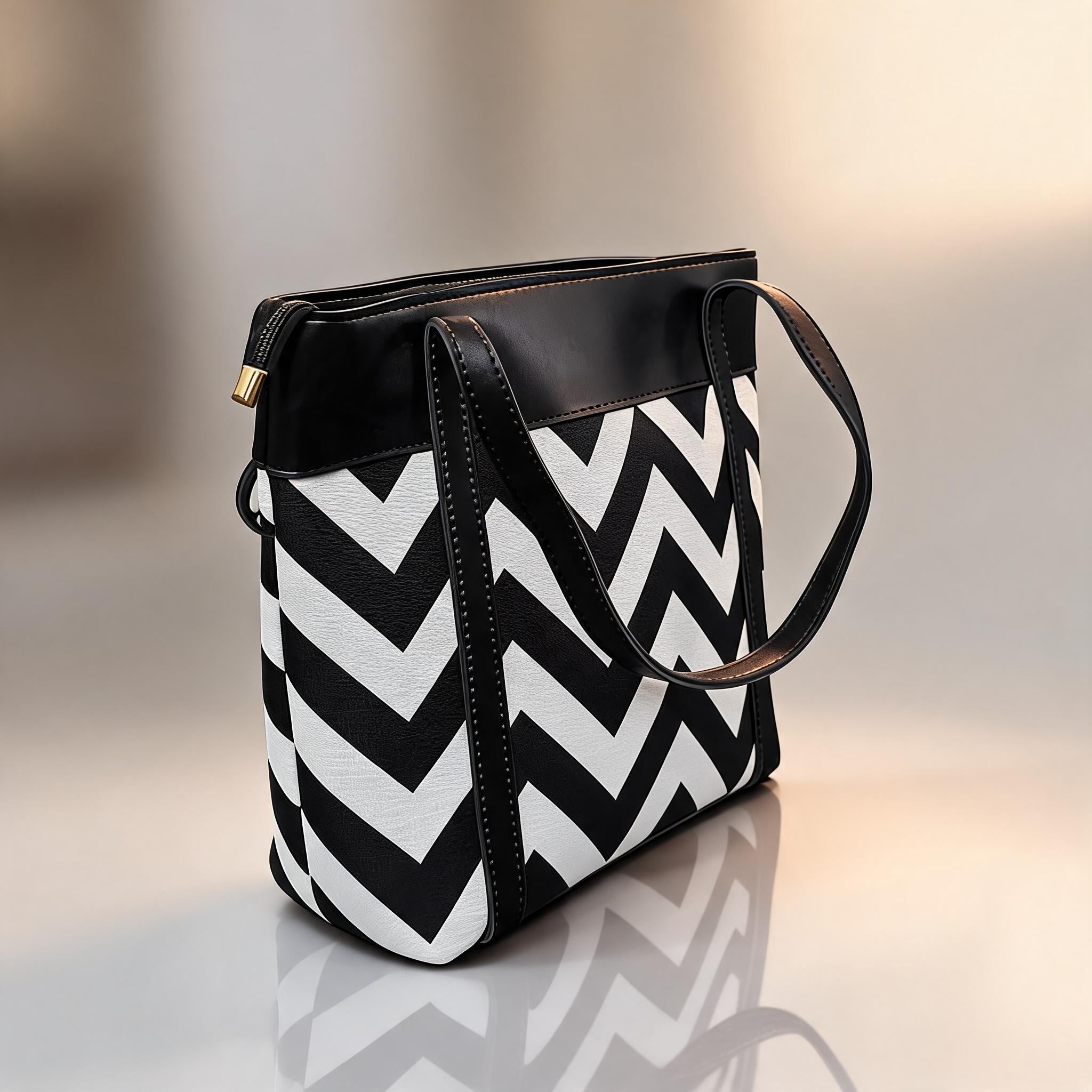 Black and white chevron patterned handbag on a reflective surface with a blurred background