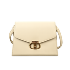 Beige handbag with a gold clasp on a white background