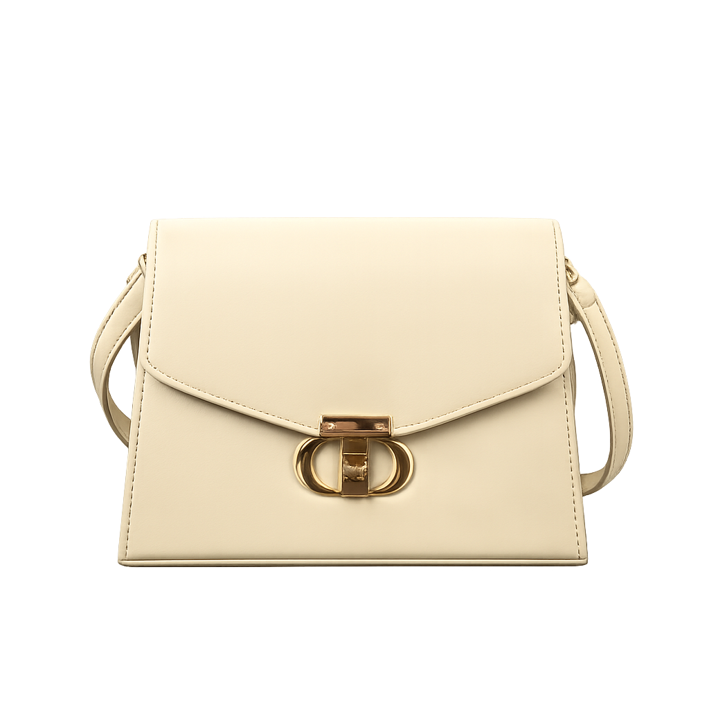 Beige handbag with a gold clasp on a white background