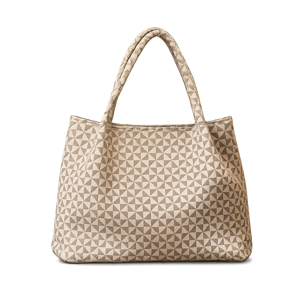 Beige handbag with geometric pattern on a white background