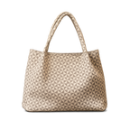 Beige handbag with geometric pattern on a white background