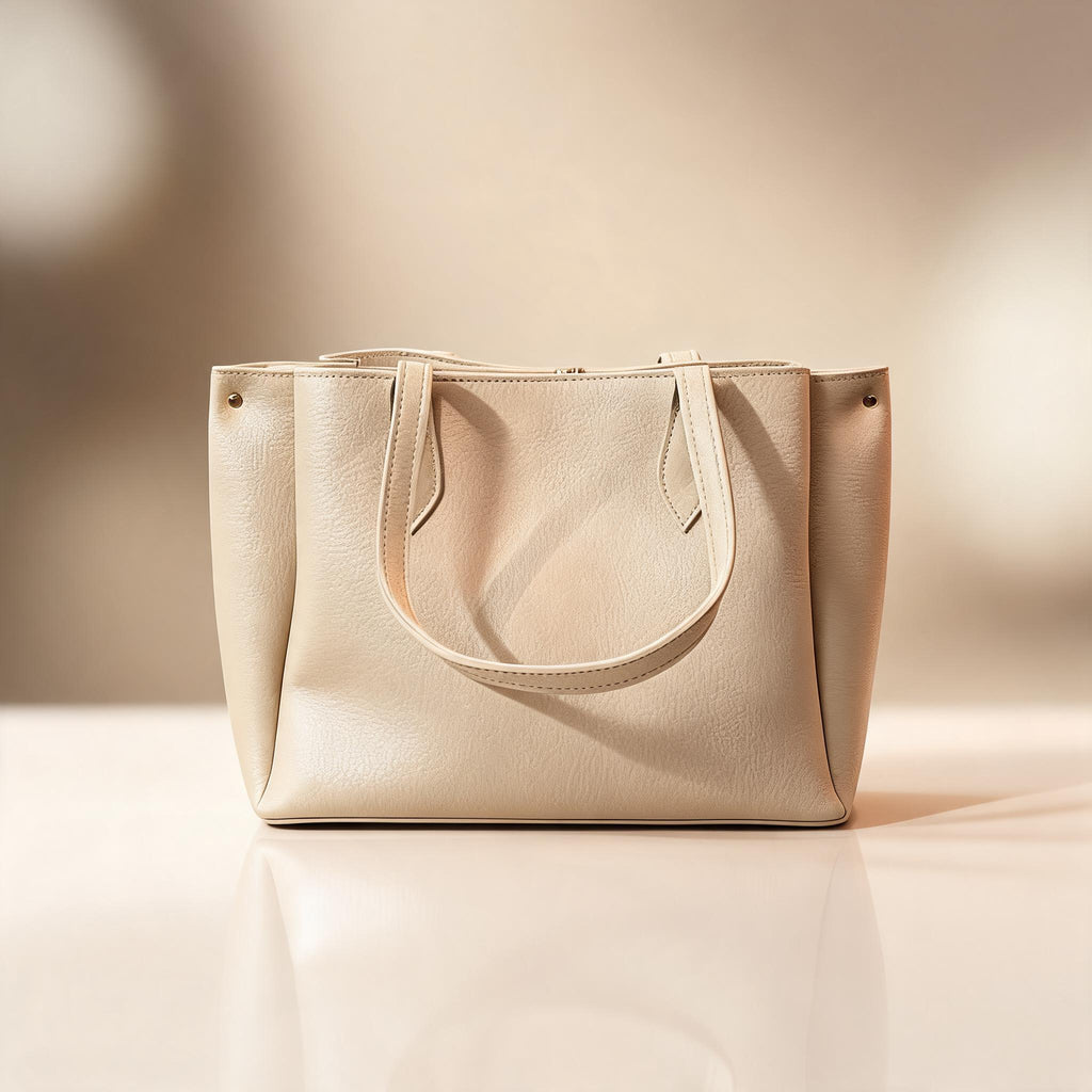 Beige handbag on a reflective surface with a soft, warm background