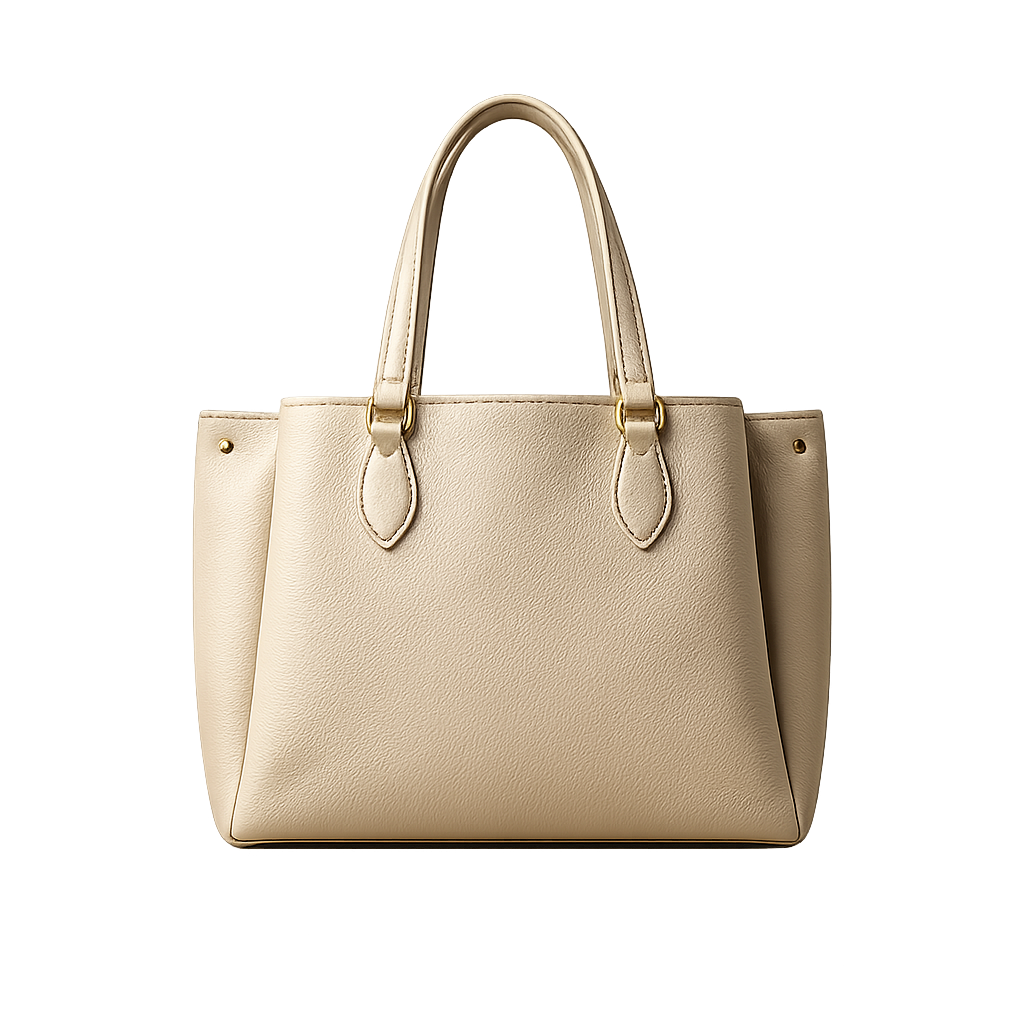 Beige handbag with gold hardware on a white background