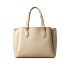 Beige handbag with gold hardware on a white background