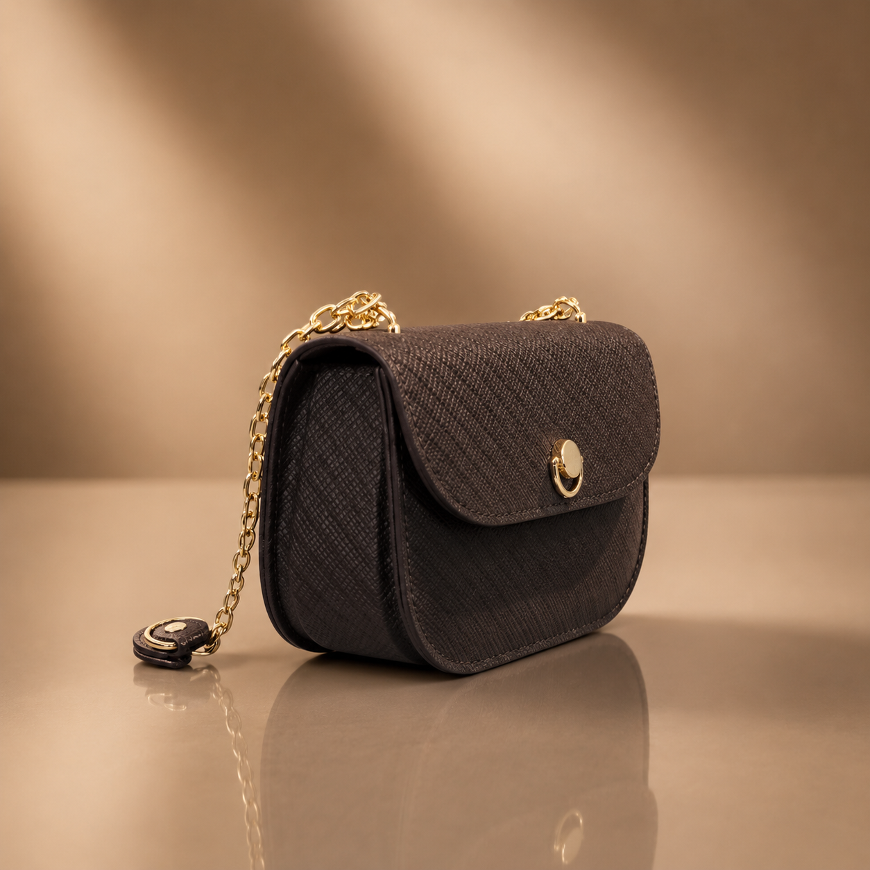 Black handbag with gold chain on a reflective surface and beige background