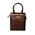 Brown leather handbag with a textured surface on a white background