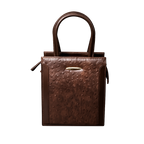Brown leather handbag with a textured surface on a white background