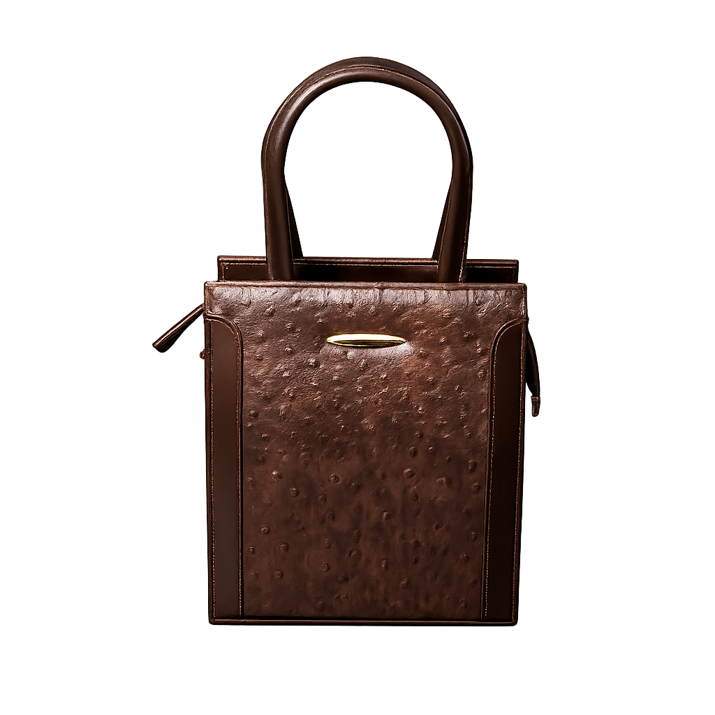 Brown leather handbag with a textured surface on a white background