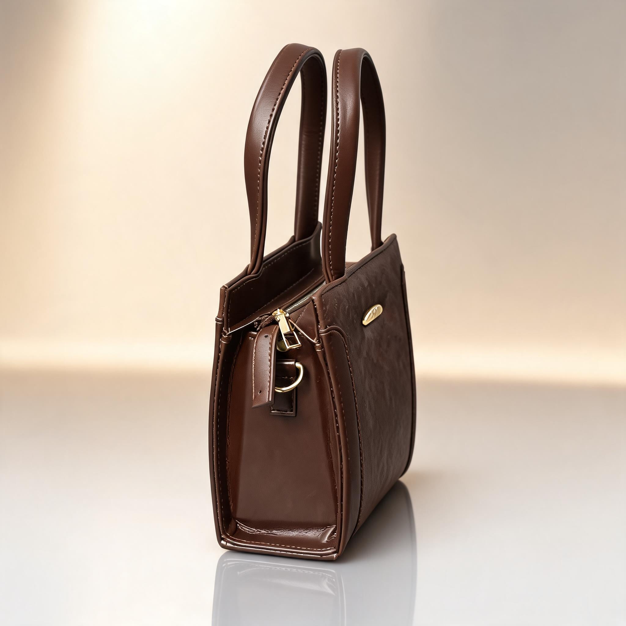 Brown leather handbag with gold accents on a reflective surface and light background
