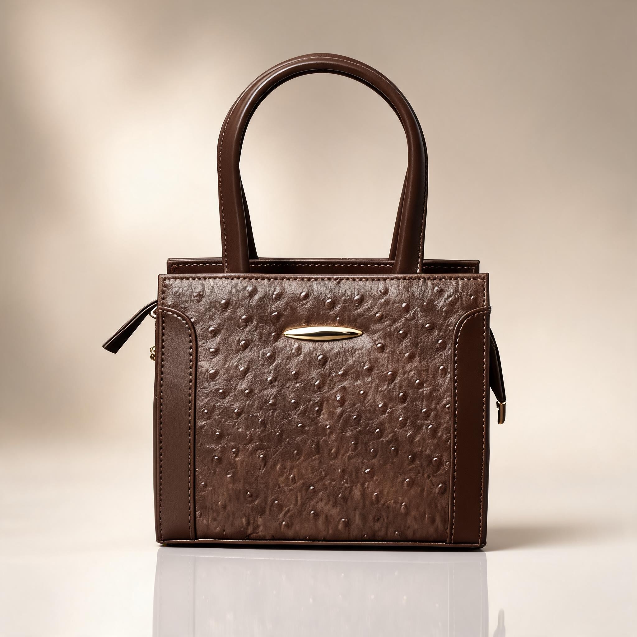 Brown textured handbag on a beige background