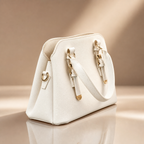 White handbag with gold accents on a reflective surface and beige background