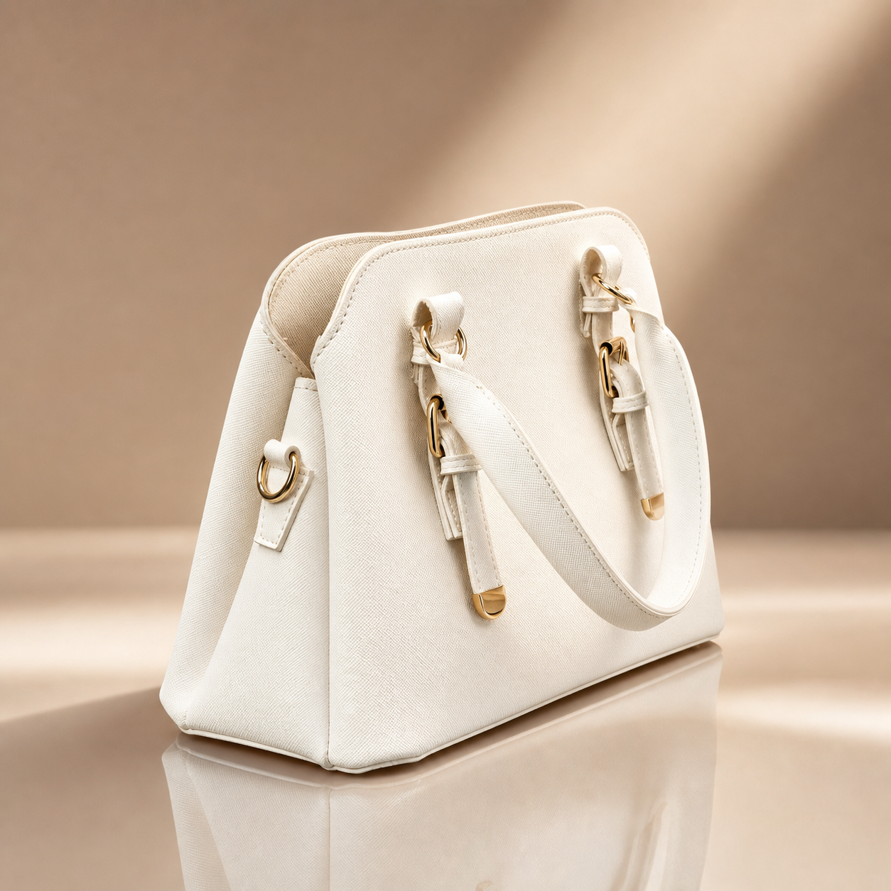 White handbag with gold accents on a reflective surface and beige background