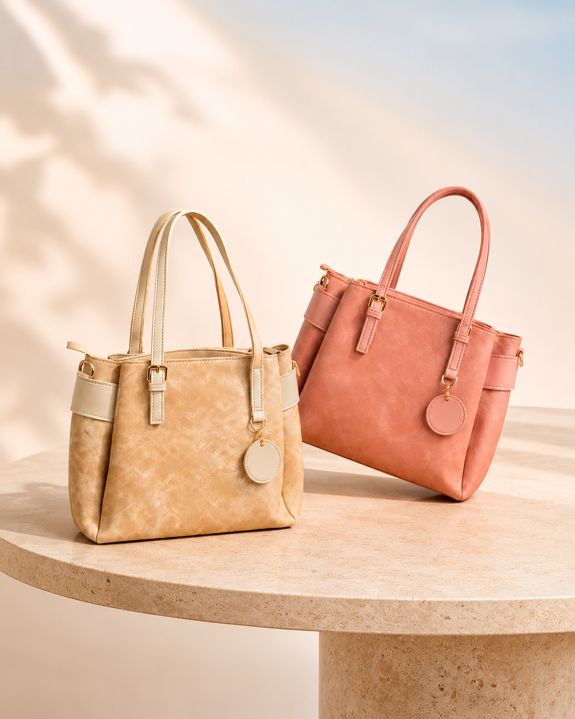 Two handbags, one beige and one pink, on a wooden surface with a soft light background.