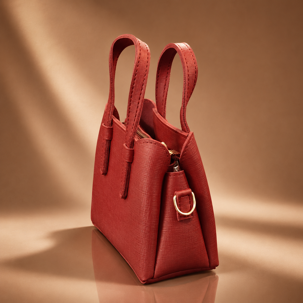 Red handbag with gold buckle on a brown background