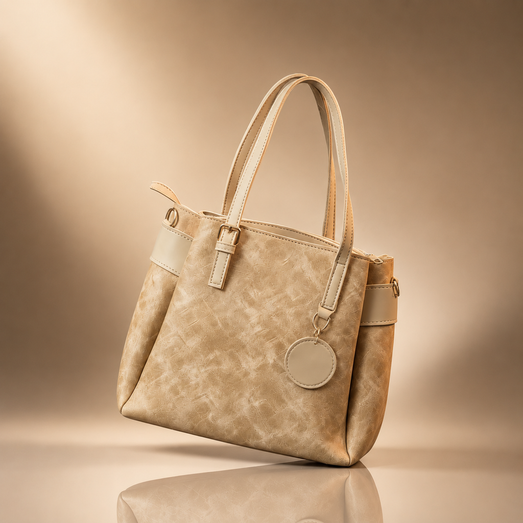 Beige handbag with a circular charm on a beige background