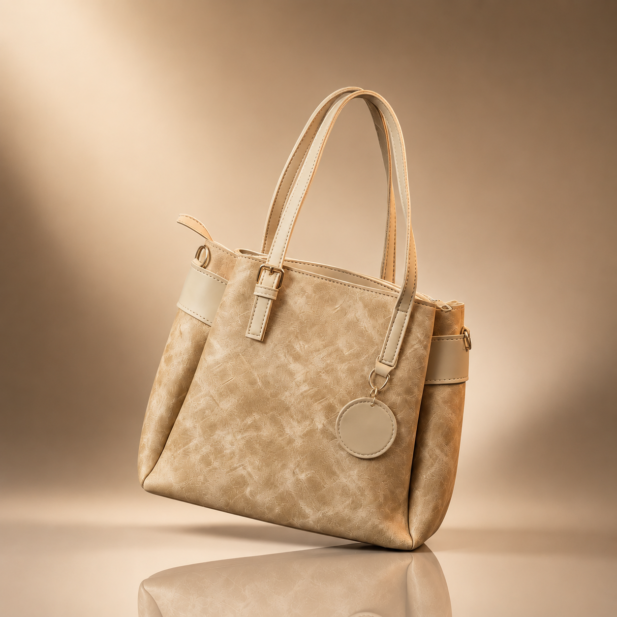 Beige handbag with a circular charm on a beige background