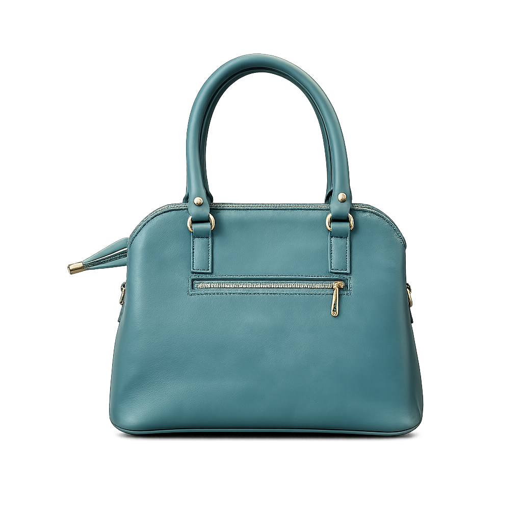 Teal handbag with gold accents on a white background