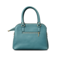 Teal handbag with gold accents on a white background