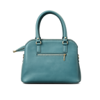 Teal handbag with gold accents on a white background