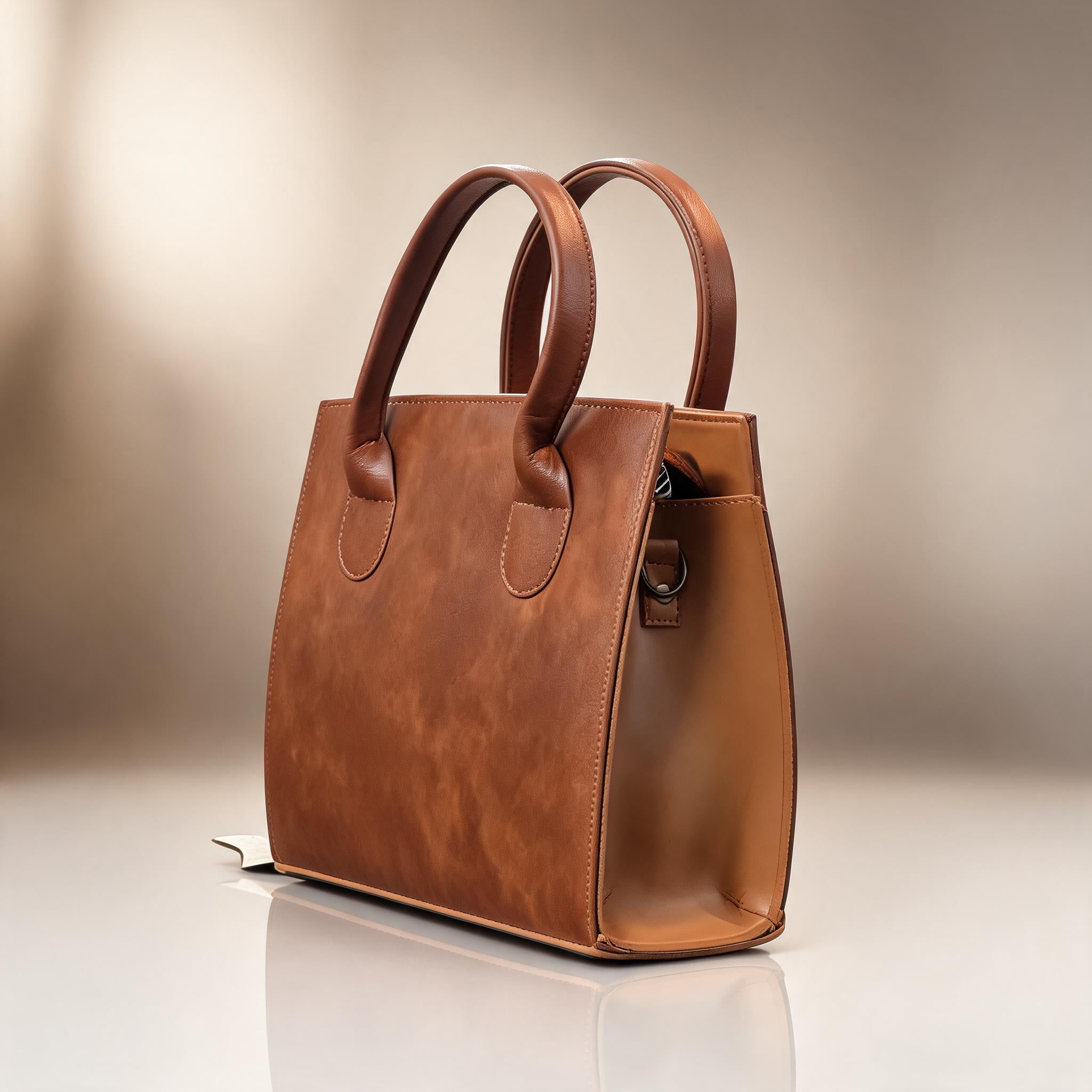 Brown leather handbag on a reflective surface with a neutral background