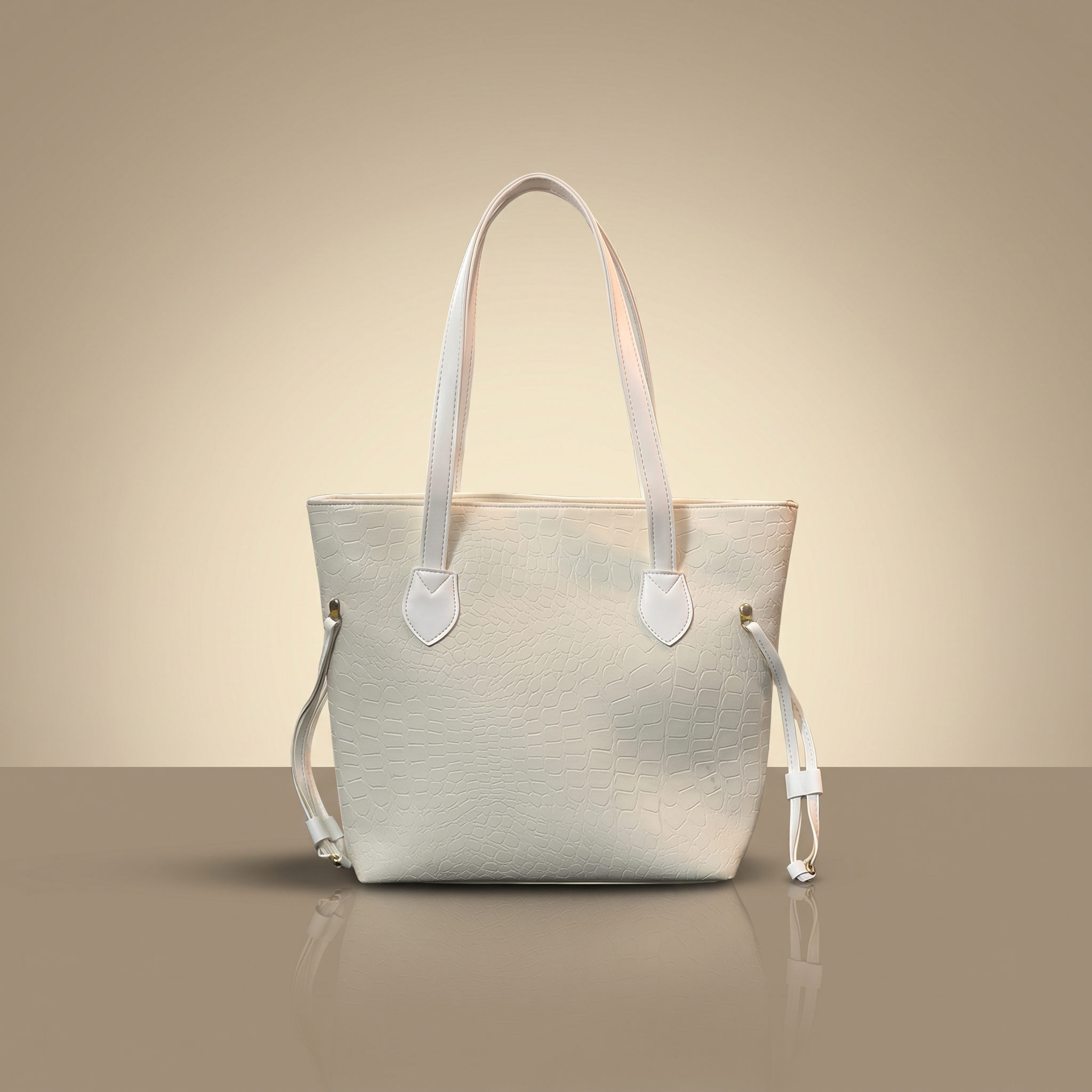 White handbag on a beige background