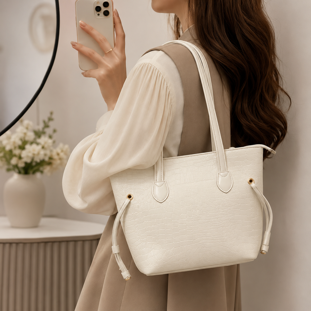 A woman in a beige and white dress carries a cream-colored textured tote bag with double shoulder straps and drawstring details, shown in a softly lit indoor setting.