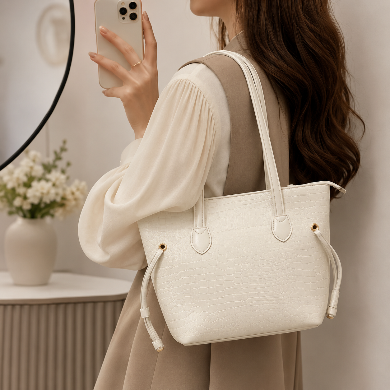 A woman in a beige and white dress carries a cream-colored textured tote bag with double shoulder straps and drawstring details, shown in a softly lit indoor setting.