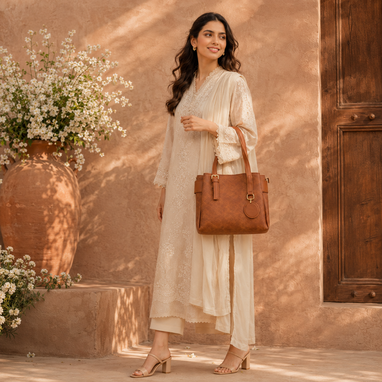 Cognac Buckle Charm Handbag