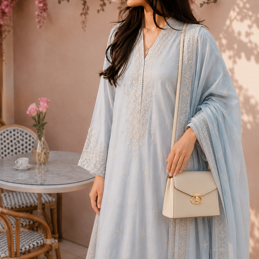 Woman in a light blue dress holding a beige handbag in an outdoor setting.